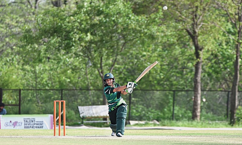 SBP&rsquo;s Sidra Amin takes aerial route during her unbeaten knock of 86 against HEC in the Inter-departmental Women&rsquo;s T20 Cricket Championship at the Diamond Club Ground on Wednesday.&mdash;courtesy PCB