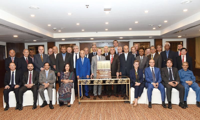 Dean of the diplomatic corps Ambassador of Turkmenistan Atadjan Movlamov with fellow envoys at a luncheon hosted to bid farewell to the German envoy and to welcome new envoys from Japan, Afghanistan and Tajikistan.