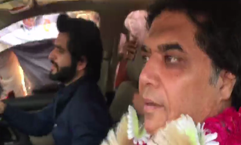 Hanif Abbasi pictured heading to Rawalpindi after his release from Lahore's Camp Jail on Saturday. — DawnNewsTV