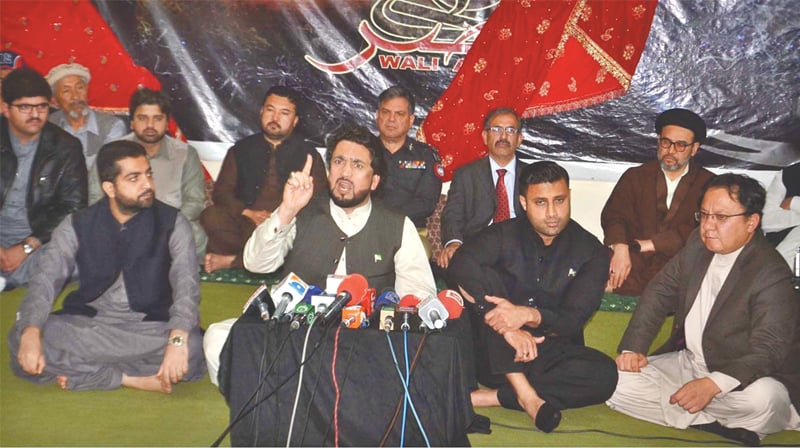 THE Minister of State for Interior, Shehryar Khan Afridi, talking to reporters on Monday after condoling with families of the victims of Friday’s suicide blast.—APP