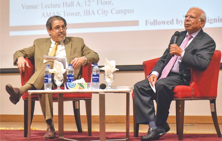 Dr Ishrat Husain speaks at IBA on Saturday.—White Star Dr Ishrat Husain speaks at IBA on Saturday.—White Star