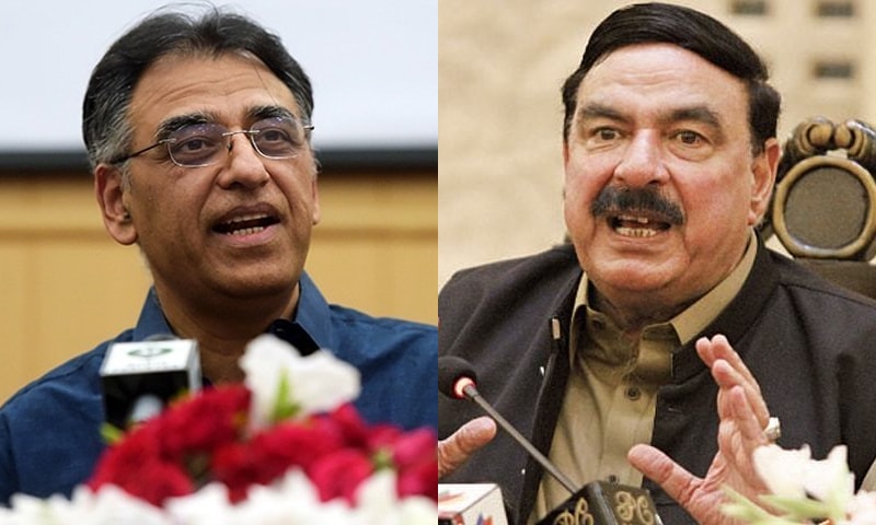 Minister for Railways Sheikh Rashid (L) will reportedly seek another meeting with ex-finance minister Asad Umar (R) upon his return from China. &mdash; Dawn.com