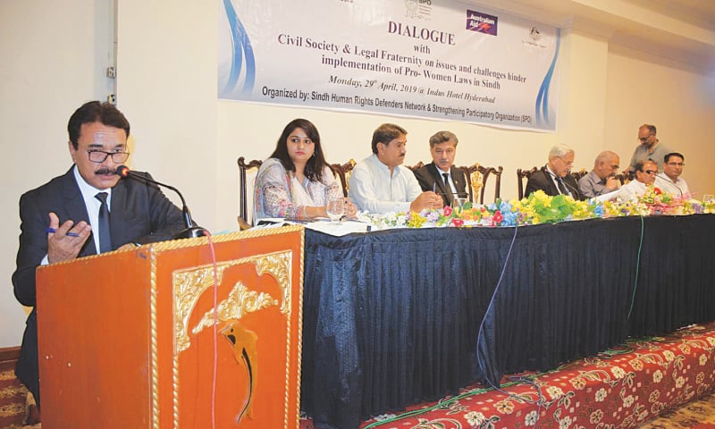 HIGH Court Bar Association (HCBA) Hyderabad president Nisar Durrani speaks at the programme on Monday.&mdash;Dawn