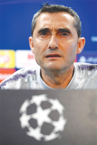 BARCELONA: Barcelona coach Ernesto Valverde holds a press conference at the Joan Gamper Sports City training ground on Tuesday.—AFP