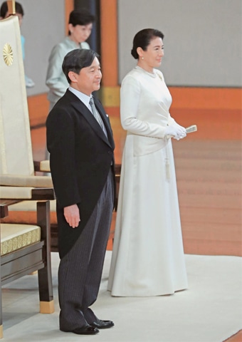 Tokyo: Japan’s new Emperor Naruhito (left) and Empress Masako attend an event to celebrate the accession to the throne at the Imperial Palace on Wednesday.—AFP