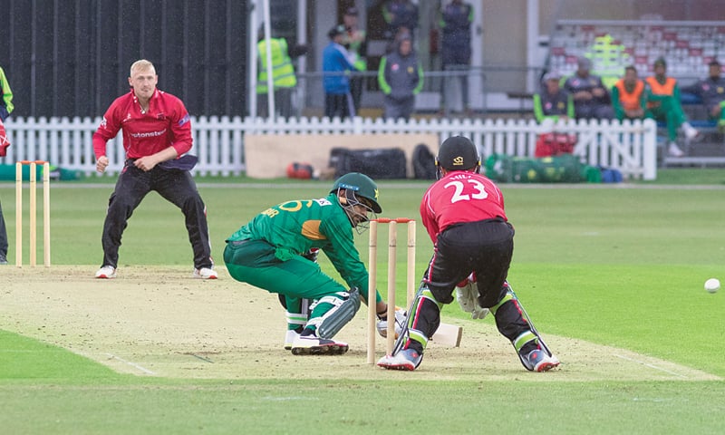 LEICESTER: Pakistan opener Babar Azam plays a delicate shot against Leicestershire spinner Callum Parkinson during the T20 match at Grace Road on Wednesday.— Kyle Andrews/PCB LEICESTER: Pakistan opener Babar Azam plays a delicate shot against Leicestershire spinner Callum Parkinson during the T20 match at Grace Road on Wednesday.— Kyle Andrews/PCB