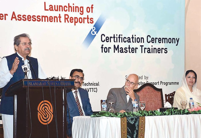 Education Minister Shafqat Mehmood speaks during the launching ceremony arranged by NAVTTC in Islamabad on Friday. — APP
