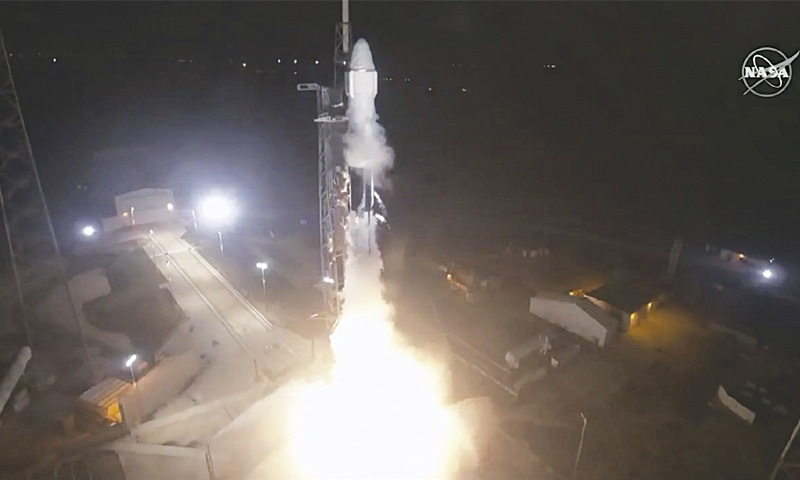 A SpaceX Falcon rocket carrying a load of supplies lifts off from Cape Canaveral on Saturday.&mdash;AP