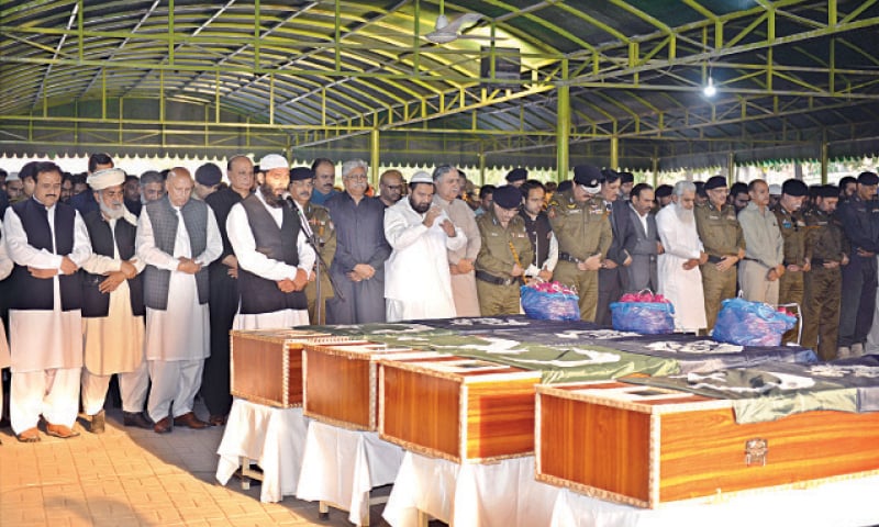 Governor Chaudhry Sarwar, Chief Minister Usman Buzdar and Inspector General of Punjab Police Arif Nawaz attend funeral prayers for the policemen who lost their lives in Data Darbar suicide attack. — White Star Governor Chaudhry Sarwar, Chief Minister Usman Buzdar and Inspector General of Punjab Police Arif Nawaz attend funeral prayers for the policemen who lost their lives in Data Darbar suicide attack. — White Star