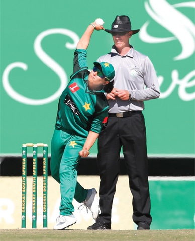 PAKISTAN’S Sana Mir captures her 146th wicket in the 117th match of her ODI career, against South Africa at Senwes Park in Potchefstroom on Thursday, to join Anisa Mohammed of West Indies and Australia’s Lisa Sthalekar on the top of the wicket-takers list for spinners in women’s ODI cricket. South Africa beat Pakistan by eight wickets. —Courtesy PCB