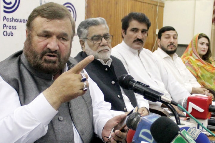 PML-N leader Pir Sabir Shah addresses a presser in Peshawar on Wednesday. — INP