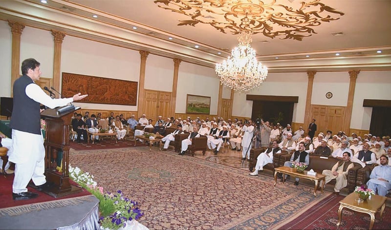 PESHAWAR: Prime Minister Imran Khan addresses elders of Khyber Jirga on Saturday.—APP