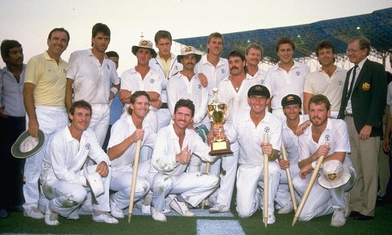 Australian players pose with the 1987 World Cup trophy. — Photo courtesy cricket.com.au