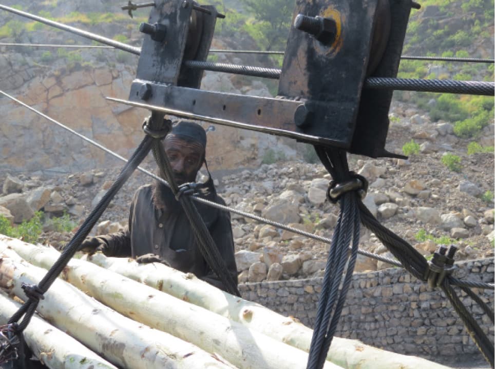 A miner hauling logs onto a pulley in Darra Adam Khel | Photo by Aurangzaib Khan