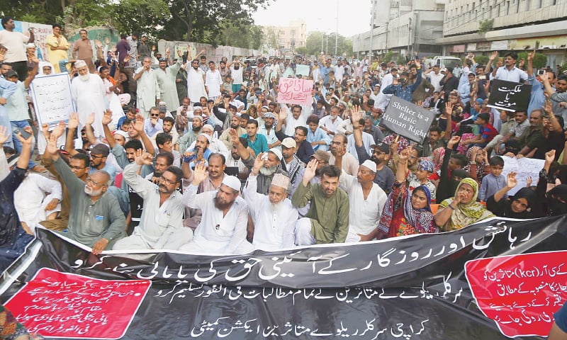 Members and supporters of the Karachi Circular Railways Victims Action Committee hold a protest demonstration for the acceptance of their demands in front of the Karachi Press Club on Sunday.&mdash;PPI