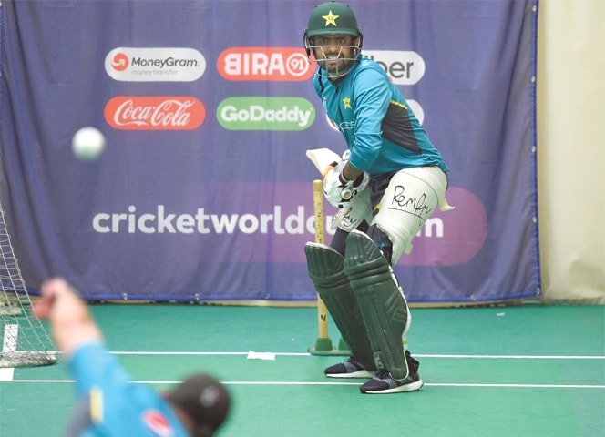 MANCHESTER: Pakistan’s Babar Azam bats during an indoor nets session at Old Trafford on Friday.—AFP