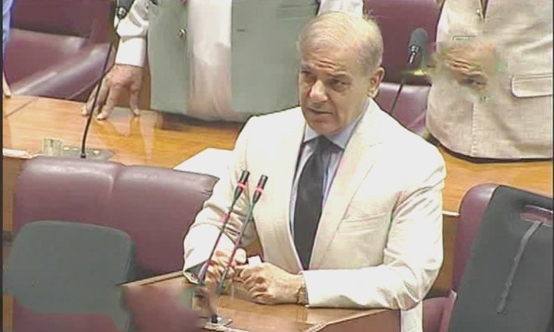 Leader of the Opposition in the National Assembly Shahbaz Sharif's speech in the National Assembly was interrupted by noisy protest by treasury benches. — DawnNewsTV screengrab