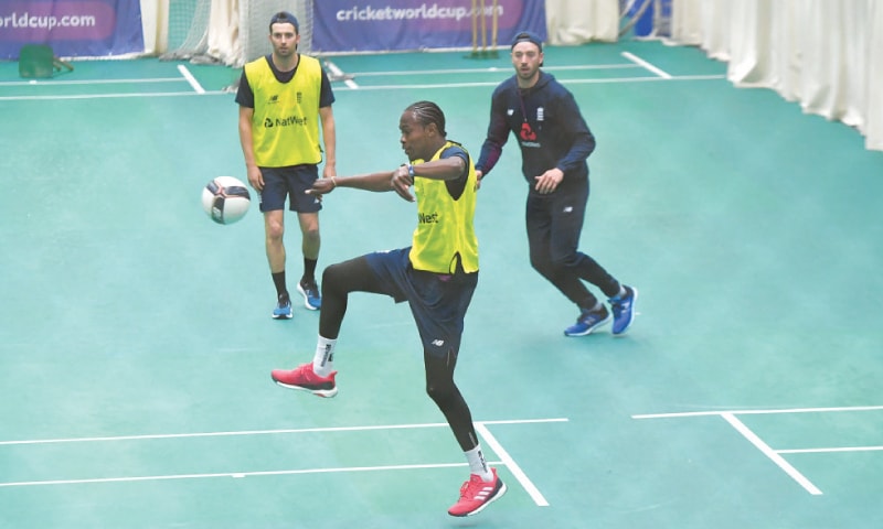 MANCHESTER: England’s Jofra Archer plays football with team-mates during a training session at Old Trafford on Monday.—AFP