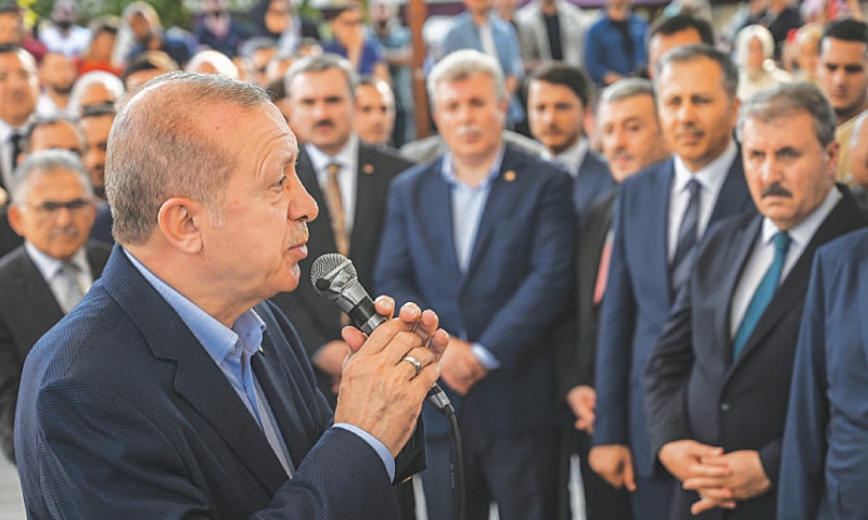 Istanbul: Turkish President Recep Tayyip Erdogan addresses mourners during a symbolic funeral for former Egyptian president Mohamed Morsi at Fatih mosque on Tuesday.—AFP