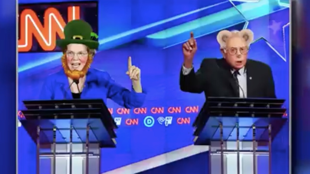 A still from his sketch of Elizabeth Warren and Bernie Sanders with filters