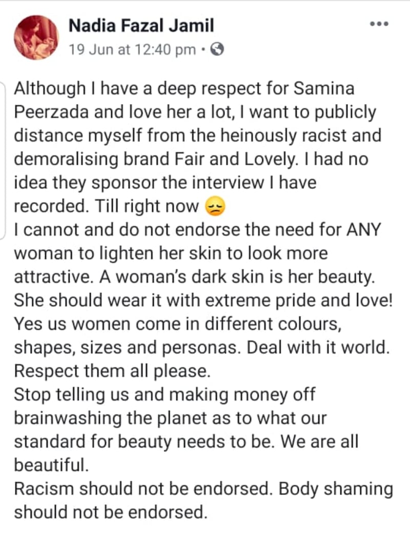 Nadia Jamil took to Facebook to distance herself from Fair & Lovely