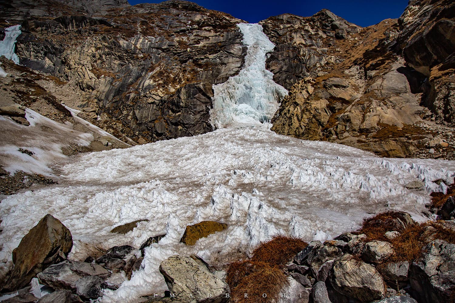 Crossing a glacier along the way, small by Himalayan standards.