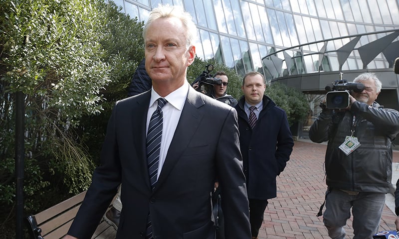 In this April 2, 2019 file photograph, Toby MacFarlane departs federal court in Boston. &mdash; AP