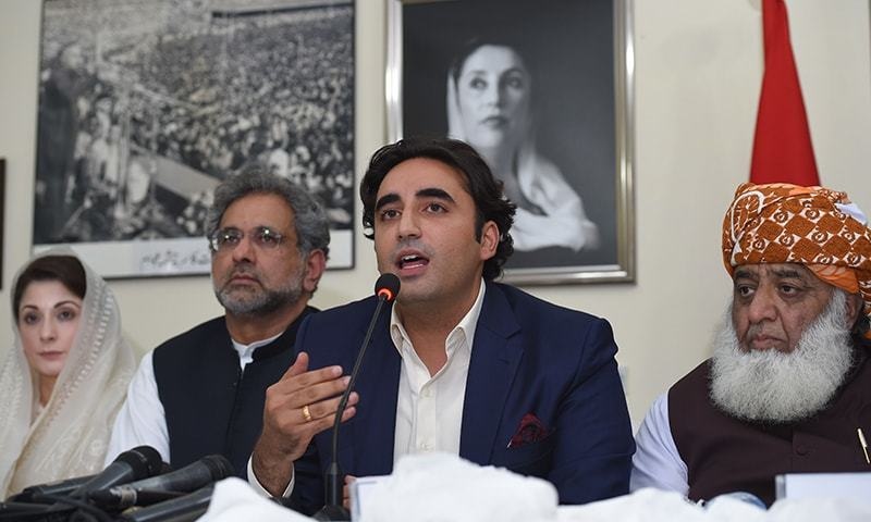 In this file photo, opposition parties' leaders hold a press conference at Zardari House after an iftar-dinner hosted by Bilawal. — AFP