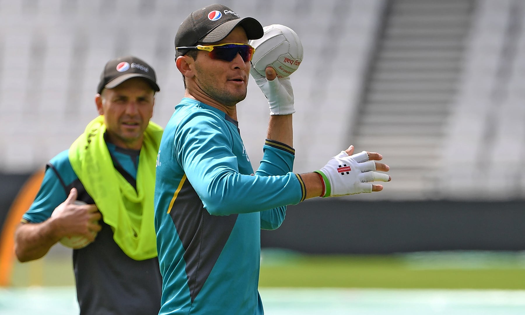 Shaheen Shah Afridi participating in the training session at Headingly. — AFP