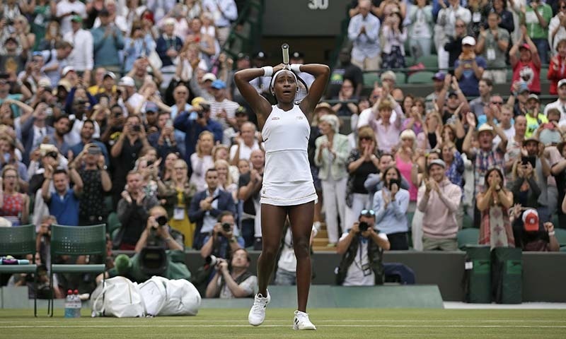 United States' Cori "Coco" Gauff reacts after beating United States' Venus Williams in a Women's singles match during Day One of the Wimbledon Tennis Championships in London on Monday. — AP United States' Cori "Coco" Gauff reacts after beating United States' Venus Williams in a Women's singles match during Day One of the Wimbledon Tennis Championships in London on Monday. — AP