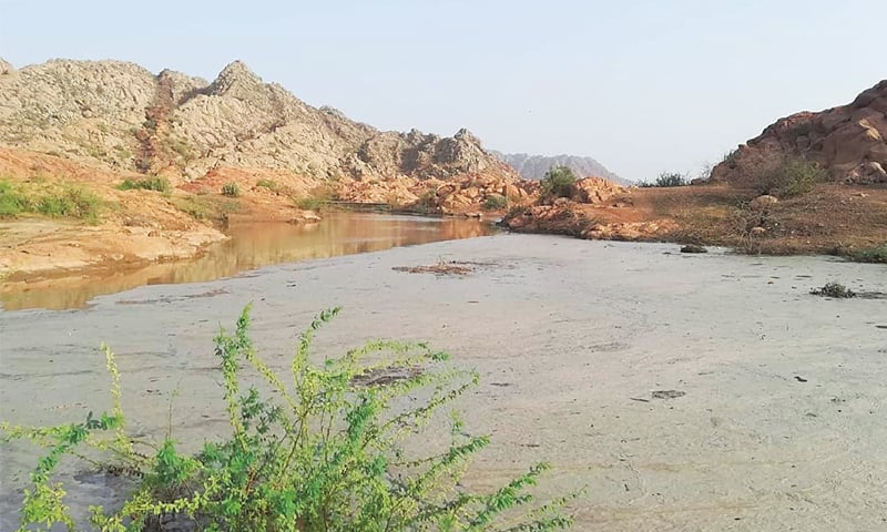RAINWATER fills a depression at a foothill after recent heavy rain in Nagarparkar area.&mdash;Dawn