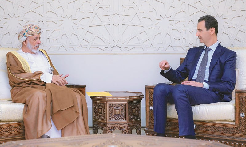 Damascus: Omani Foreign Minister Yousuf bin Alawi bin Abdullah (left) meets Syrian President Bashar al Assad 
in the Syrian capital. — AFP