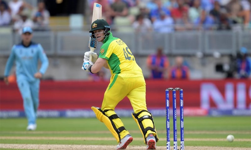 Steve Smith plays a shot during the World Cup semi-final between Australia and England at Edgbaston on June 11. — ICC Twitter account