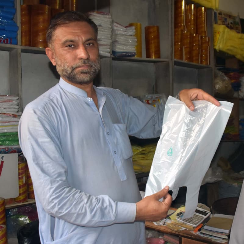 This man has opened his shop in Peshawar because he's now complying with the decision and selling oxobiodegradable bags