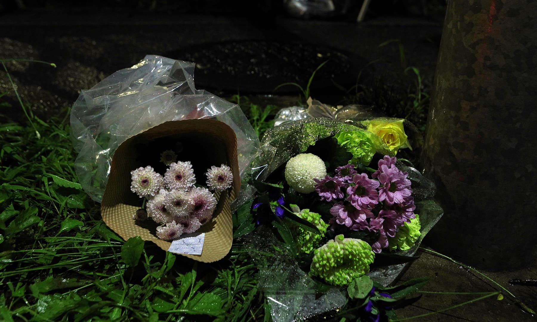 The first flowers are pictured outside the scene. — AFP