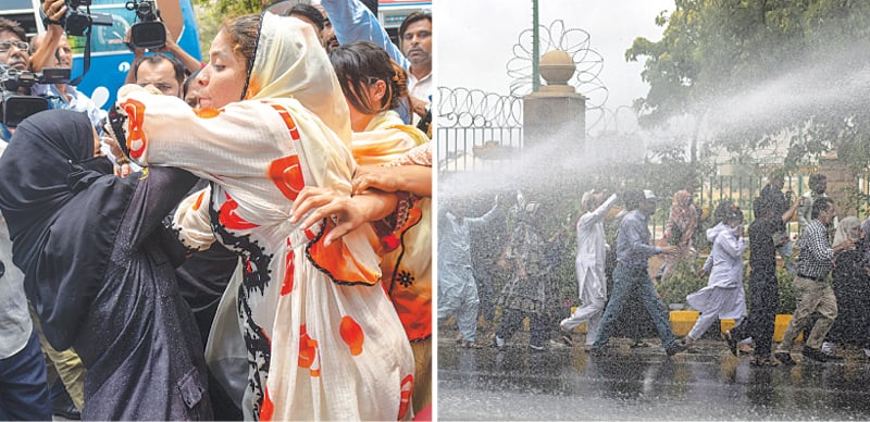 A PROTESTER scuffles with a policewoman and (right) demonstrators are drenched by a water cannon on Thursday.—Fahim Siddiqi / White Star