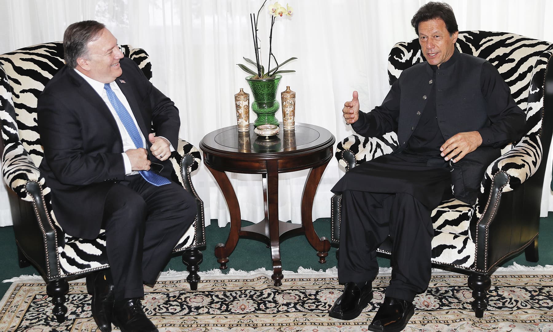 Secretary of State Mike Pompeo meets with PM Imran at the residence of Pakistani Ambassador in Washington Dr Asad Majeed Khan on July 23. — AP