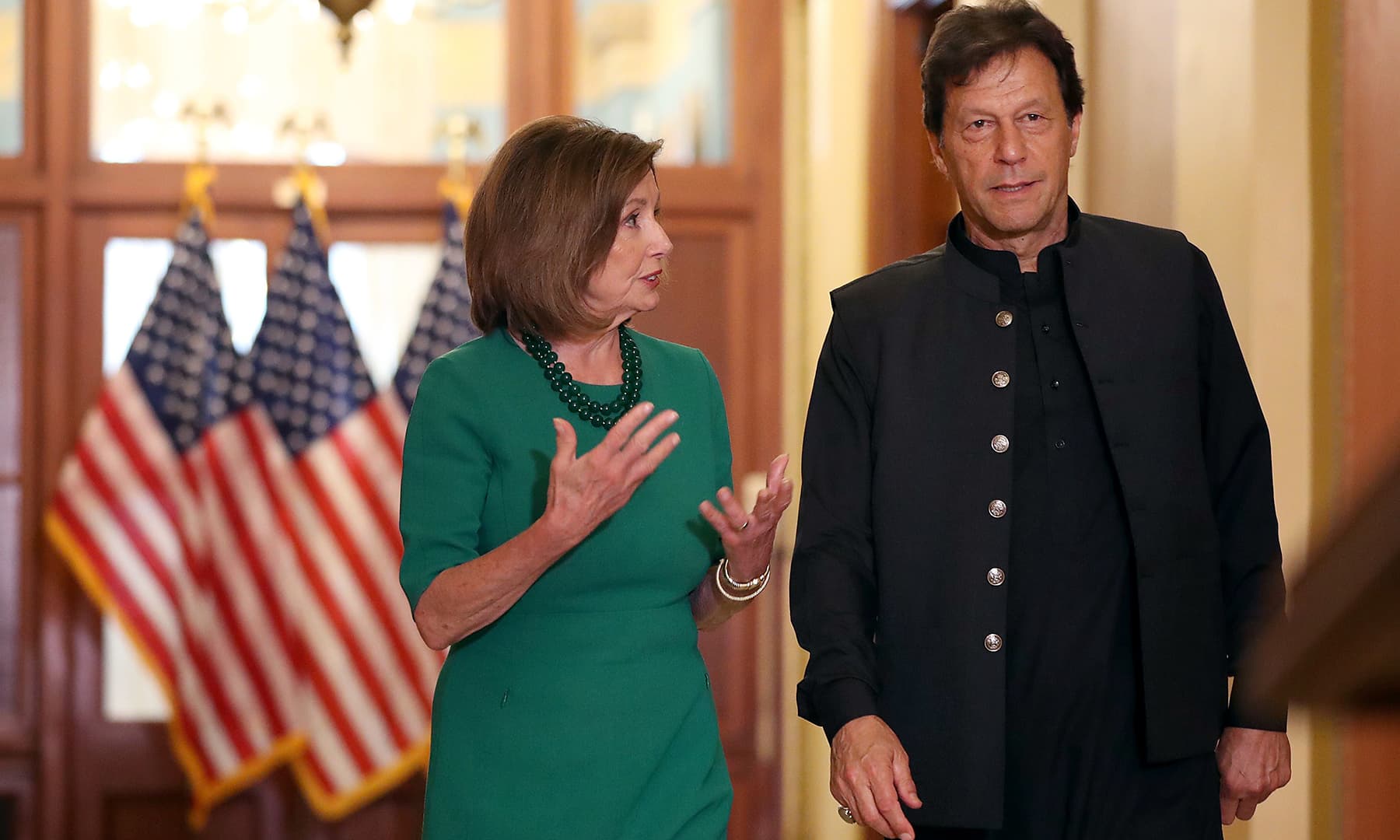 US House Speaker Nancy Pelosi and PM Imran prepare to talk to reporters before a meeting at the US Capitol on July 23. — AFP