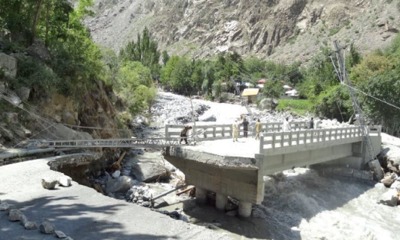 The bridge in Golen valley after being hit by the recent glacial lake outburst flood. — Dawn