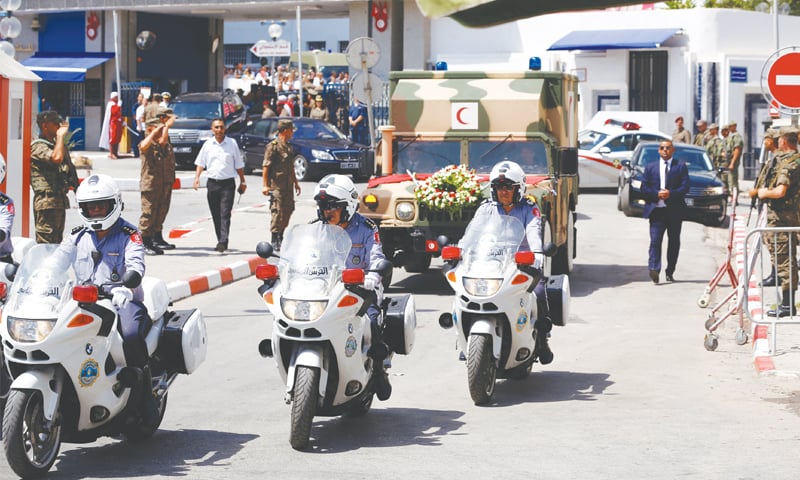 Tunis: An ambulance carrying the body of late Tunisian president Beji Caid Essebsi on Friday.—Reuters