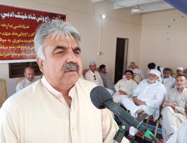Abaseen Yousafzai addresses a literary session in Nowshera on Sunday. &mdash; Dawn