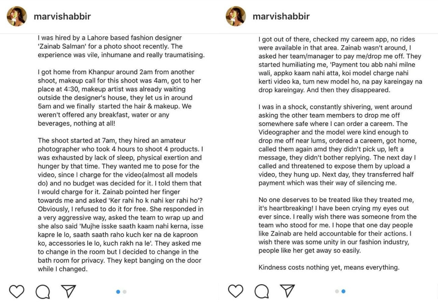 Marvi's original Facebook post, which she also shared on her Instagram account.