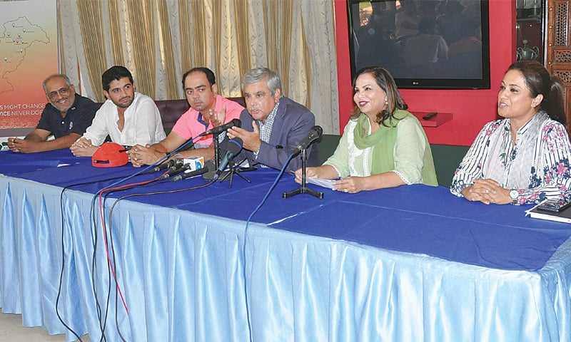 KARACHI: Sindh Golf Association president Asad I.A. Khan addresses the media here at the Karachi Golf Club to share details of the second SGA Ladies Amateur Golf Championship on Thursday. Also seen are (from left) Cmdre Ghazanfar Abbas, COO KGC, Ahmed Ismail, Vice-Captain KGC, Rizwan Feroze, Captain KGC, Fawzia Naqvi, Lady Captain KGC and Humera Naqvi, member of the PGF Executive Committee.