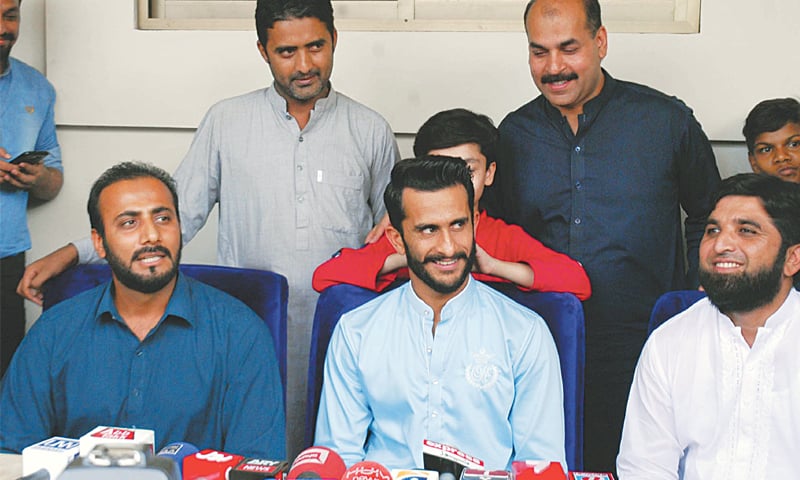 GUJRANWALA: Pakistan all-rounder Hasan Ali addresses a press conference on Friday.&mdash;PPI
