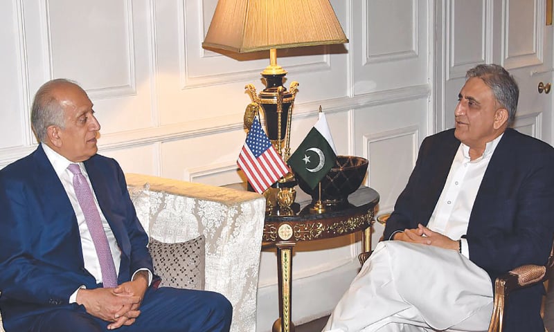 In this handout photograph released by the ISPR on Friday, US Special Representative for Afghanistan Reconciliation Zalmay Khalilzad meets Chief of the Army Staff Gen Qamar Javed Bajwa in Rawalpindi.—AFP