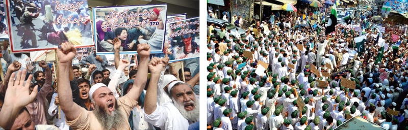 Traders chant slogans during an anti-India protest demonstration in Peshawar Saddar on Tuesday. (Right) A rally passes through a bazaar in Khar, Bajaur tribal district. &mdash; Whit Star/Dawn
