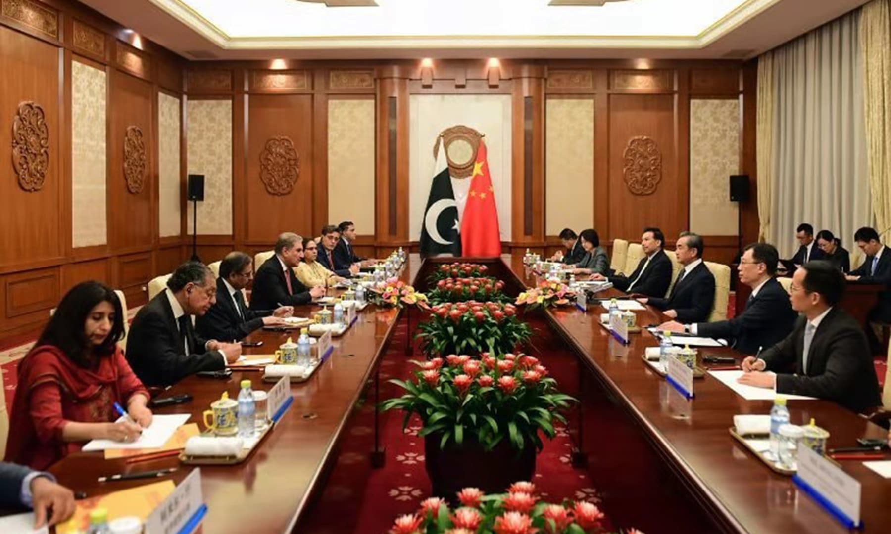 Chinese and Pakistani delegations pictured during a meeting held to discuss the escalating situation in occupied Kashmir. — Photo courtesy Shah Mahmood Qureshi Official Facebook