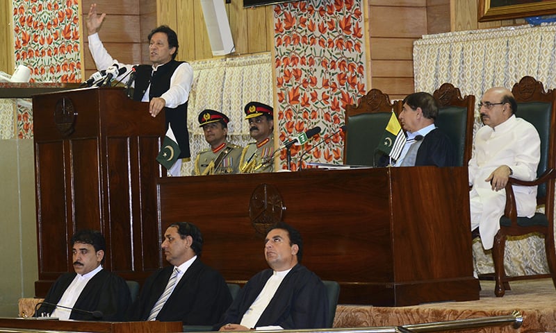 PM Imran Khan addresses the AJK legislative assembly on Wednesday. — AP