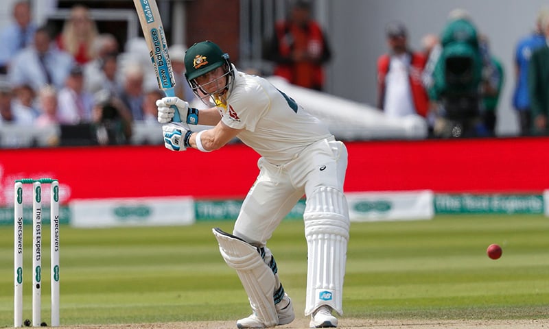 Australia's Steve Smith plays a shot for four runs to reach his half-century during play on the fourth day of the second Ashes cricket Test match between England and Australia at Lord's Cricket Ground in London on Saturday. — AFP Australia's Steve Smith plays a shot for four runs to reach his half-century during play on the fourth day of the second Ashes cricket Test match between England and Australia at Lord's Cricket Ground in London on Saturday. — AFP