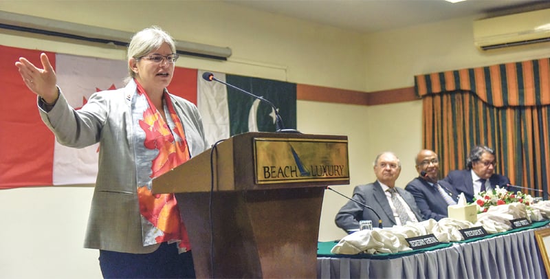 CANADIAN High Commissioner Wendy Gilmour speaks at the event on Monday.—White Star